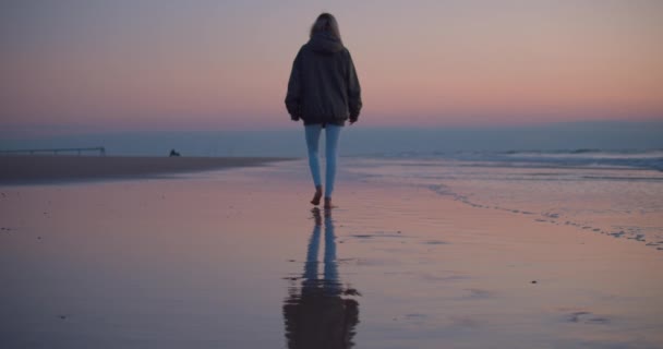 Levendige Zonsondergang Zonsopgang Een Meisje Wandelen Het Strand Toonaangevende Lijnen — Stockvideo