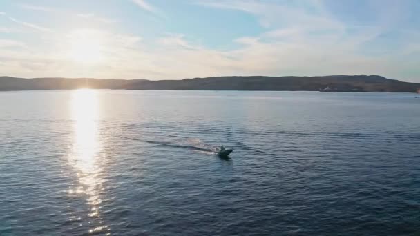海に漂着するスピードボートの空中ドローンショット — ストック動画