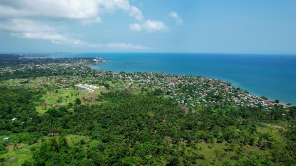 Aerial View Away Pantufo Village Sao Tome Sunny Africa Pull — Stock Video