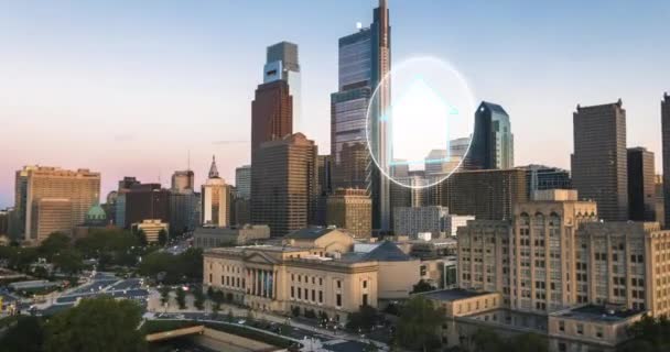 Smart Rumah Tema Teknologi Kantor Dalam Pengaturan Perkotaan Kota Alat — Stok Video