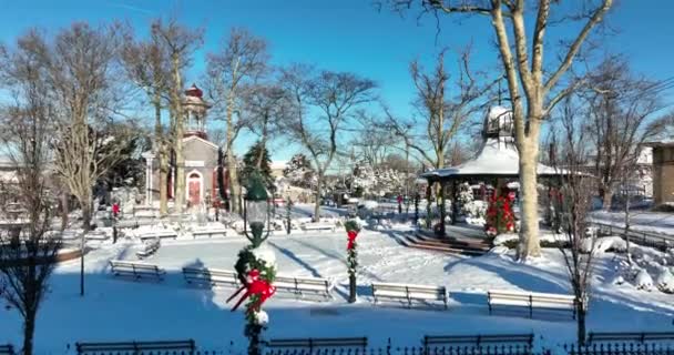 镇上公园 有凉亭和圣诞树 在美国 冬季雪地上有节日装饰和教堂 别致可爱的乡巴佬 — 图库视频影像