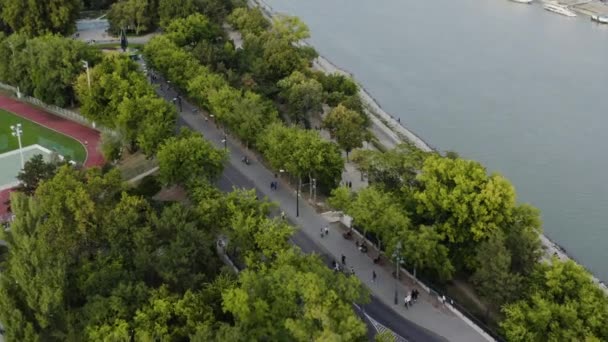 Aerial Margareteninsel Donau Budapest Ungarn Absenkung Der Neigung Nach Vorn — Stockvideo