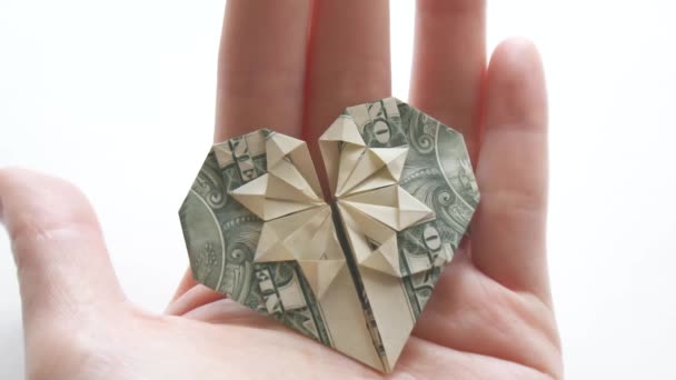 Antecedentes Filantropia Conta Dólar Forma Coração Palma Mão Isolado Branco — Vídeo de Stock
