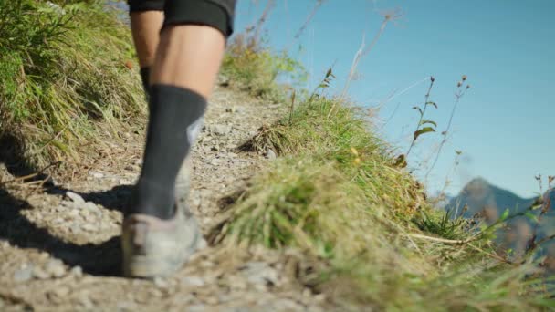 Man Walking Exposed Alpine Trail Slow Motion — Stock Video