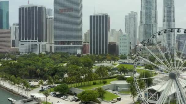 Miami Scen Skyviews Observation Wheel Och Bayfront Park Flygplan — Stockvideo