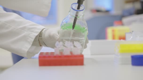 Naukowiec Laboratorium Lub Szpitalu Stosujący Pipetę Butelkę Przezroczystego Roztworu Leczenia — Wideo stockowe