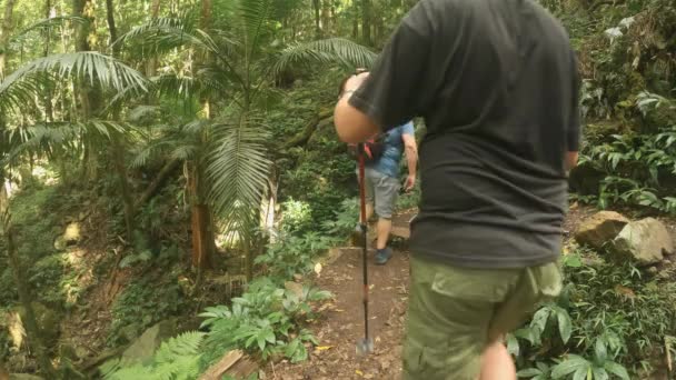 Широкий Стрілець Чоловік Хлопець Йдуть Пішохідній Стежці Невеликого Водоспаду Тропічному — стокове відео