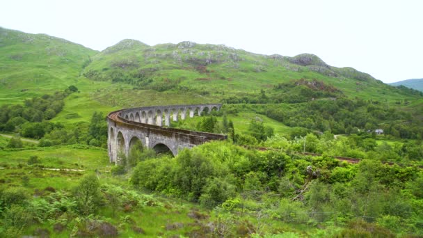 Bellissimo Glenfinnan Viadotto Storico Tra Natura Verde Del Paesaggio Collinare — Video Stock