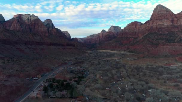 Drone Aerial View Zion National Park Entrance Giant Valley — Stock Video