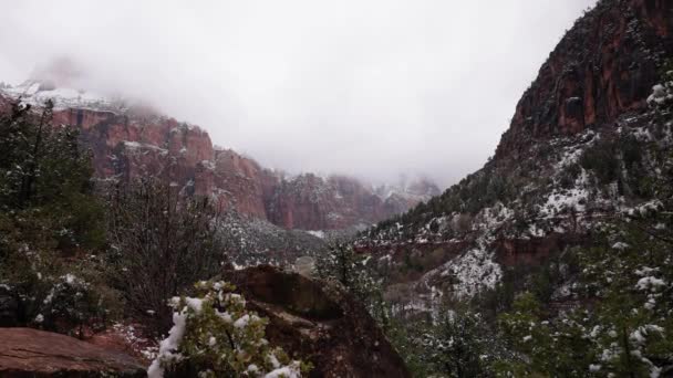 View Zion National Park Utah Spring Snow Fog — Stock Video