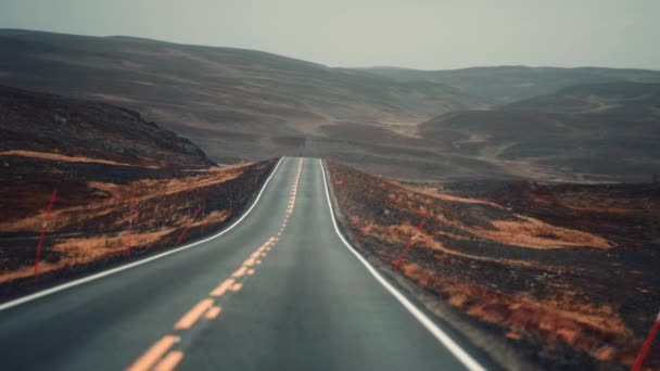 Drive Narrow Road Harsh Tundra Landscape Rainy Day — Stock Video