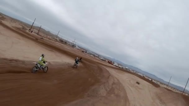 Using First Person Drone Follow Motocross Motorcycles Race Track Mojave — Stock Video