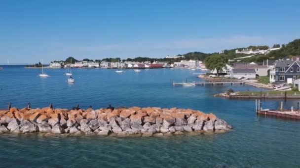 Drone Panning View Large Rock Seawall Barrier Cape Cod Public — Stock Video