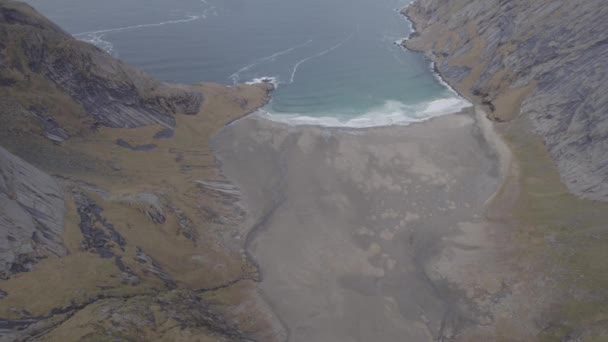 Veduta Aerea Intorno Una Spiaggia Caduta Lofoten Norvegia Angolo Alto — Video Stock