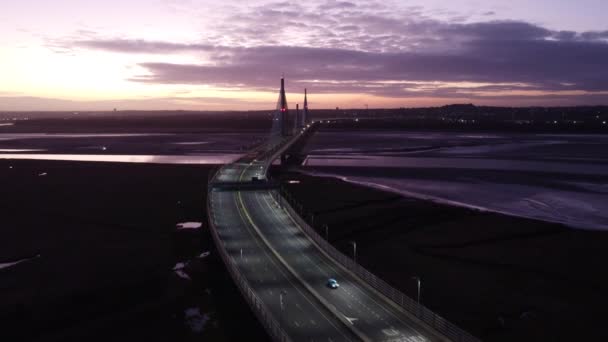 Mersey Gateway Φωτίζεται Γέφυρα Διοδίων Διέλευση Εναέρια Άποψη Μείωση Κατά — Αρχείο Βίντεο