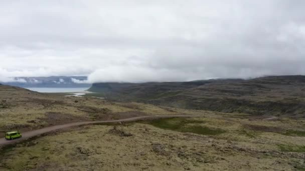 Van Driving Dirt Road Mountain Westfjords Island Antenn — Stockvideo