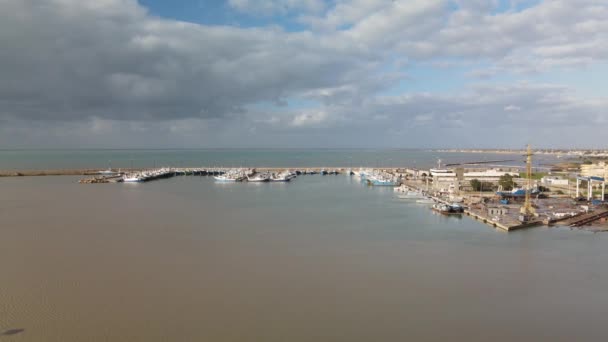 Vue Aérienne Des Pêcheurs Bateaux Dans Port — Video