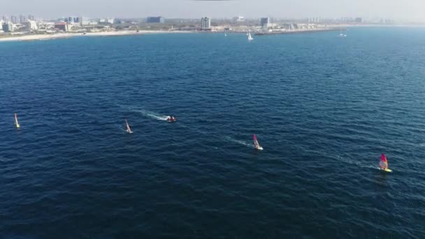 Several Windsurfers Surf High Speed Beautiful Blue Waters Mediterranean Sea — Stock Video
