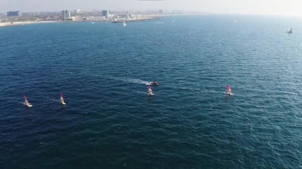 Diversi Windsurfisti Navigano Alta Velocità Sulle Acque Blu Del Mar — Video Stock