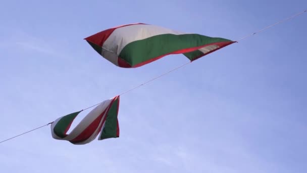 ケーブルからぶら下がる晴れ風の日に2本のハンガリー国旗がなびく スローモーション — ストック動画
