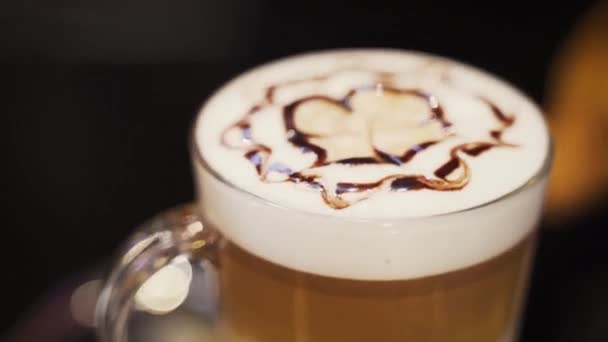 Barista Creates Coffee Art Cup Coffee Chocolate Sauce Topping — Stock Video