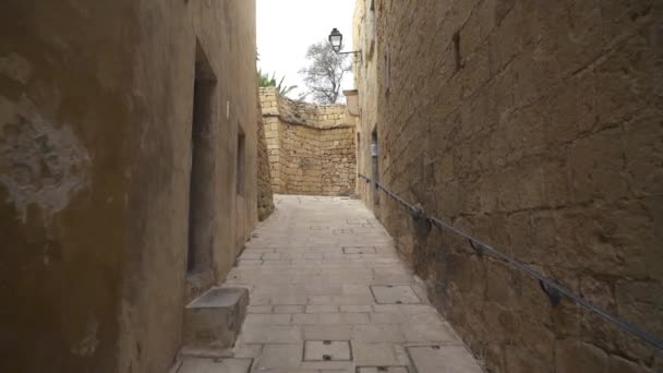 Spacer Wąskiej Ulicy Coblestone Cittadella Żelazną Poręczą Ścianie Wyspie Gozo — Wideo stockowe