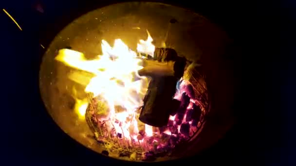 Hořící Dřevěný Táborák Pomalé Přiblížení Záběru — Stock video