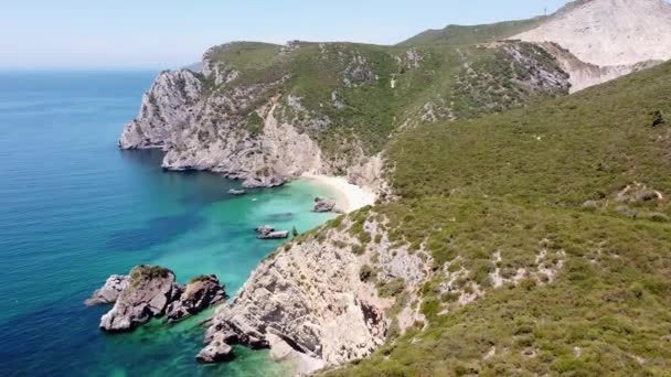Aerial Drone View Ribeira Cavalo Beach Sesimbra Portugal Flying Coastline — Stok Video