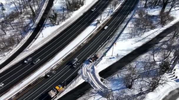 Vue Aérienne Une Autoroute Après Une Forte Chute Neige Les — Video