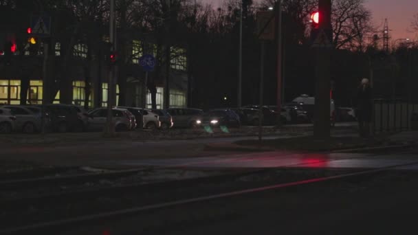 Cruce Tráfico Bajo Suburbios Con Luces Personas Solteras Paso Peatonal — Vídeo de stock