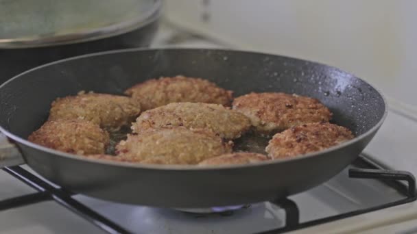 Frying Home Made Pork Beef Chops Ground Meat Frying Pan — Stock Video