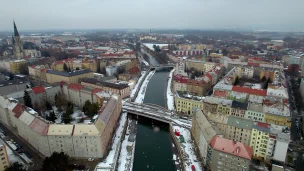 Widok Lotu Ptaka Miasto Ołomuniec Morawach Czechach Opadającym Śniegiem Zimie — Wideo stockowe