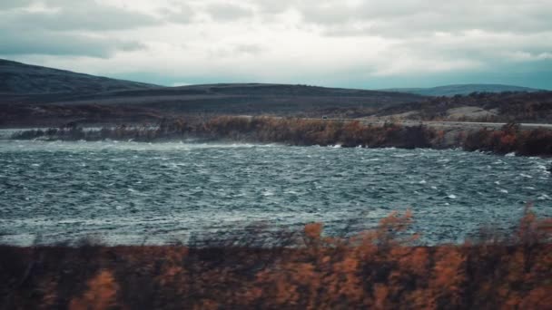 Starka Vindhöjande Vågor Och Blåser Vattnet Från Sjöns Yta Träd — Stockvideo