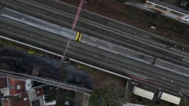 Aerial Top Circling Shot Train Passing Railway City Sofia Bulgaria — Vídeos de Stock