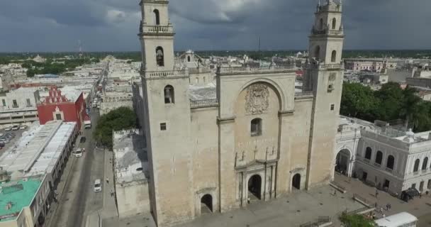 Flight over the Cathedral of Yucatan, in the city of Merida. San Ildefonso