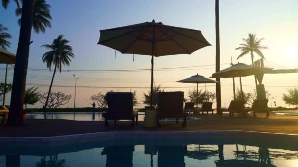 带床池的伞环绕有大海背景的游泳池 度假和度假的概念 — 图库视频影像