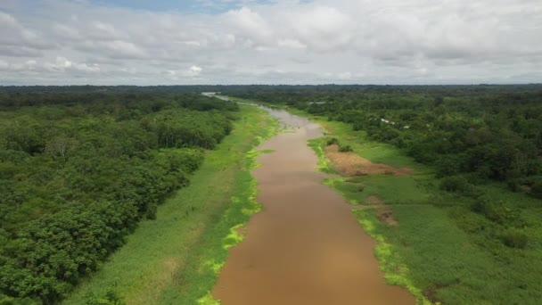 无人机拍下了亚马逊河和亚马逊热带雨林环绕的秘鲁水域 沿着河流飞奔而下 — 图库视频影像