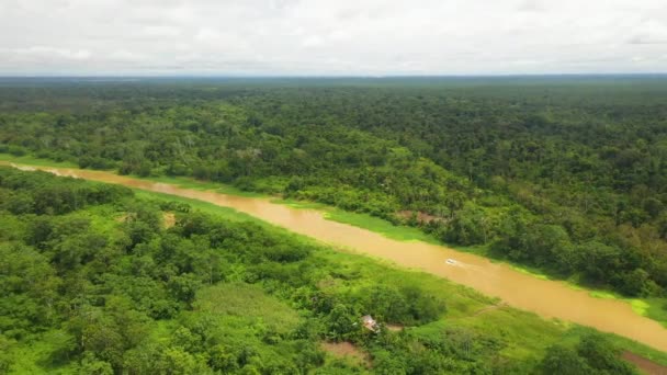 Ευρεία Περιστροφή Drone Shot Του Ποταμού Αμαζονίου Ένα Μικρό Σκάφος — Αρχείο Βίντεο