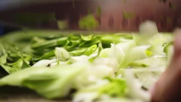Asiatischer Koch Schneidet Grünes Blattgemüse Mit Scharfem Messer Fein — Stockvideo