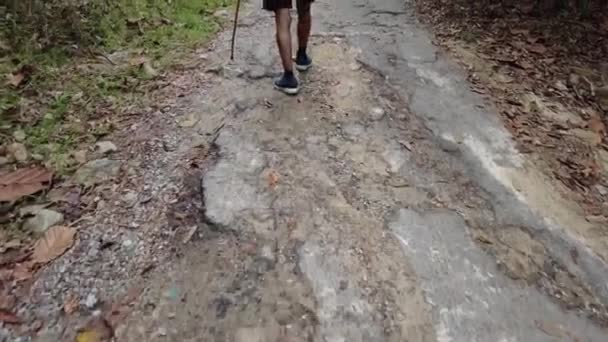 Suivre Lentement Jambe Une Randonnée Pédestre Senior Route Asphaltée Avec — Video