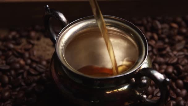 Luxurious Rich Coffee Pouring Ornate Silver Cup Dark Ground Aromatic — Stock Video