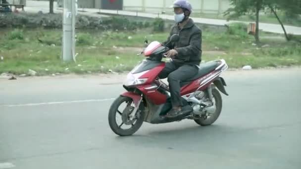 Man Wearing Dust Mask While Driving Motorcycle Rural Southern Vietnam — Stock Video