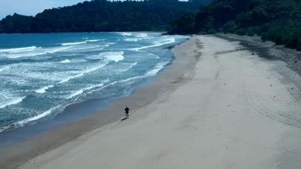 Vista Aérea Del Hombre Caminando Largo Playa Indonesia Océano Índico — Vídeo de stock