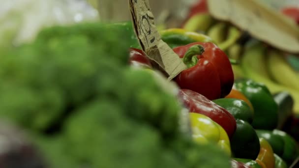 ファーマーズマーケットでは様々なカラフルな果物や野菜が売られています — ストック動画