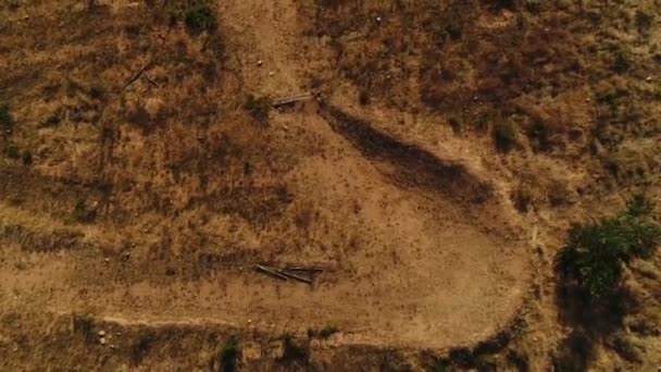 Medium Wide Aerial Shot Top View Cyclist Dirt Path South — Stock Video