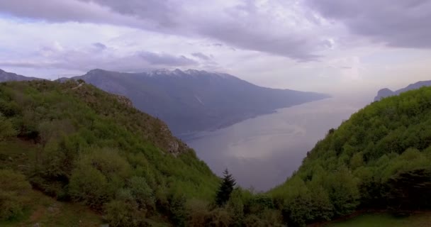 イタリアのガルダ湖の上のクイックドローンクリップ 森の上を飛ぶ湖に到達するには 背景に山と撮影を明らかに — ストック動画