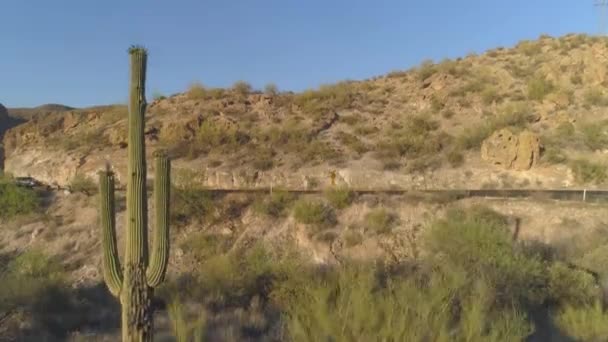 Luchtfoto Van Suv Cactus Arizona Highway Desert Superstition Mountains — Stockvideo