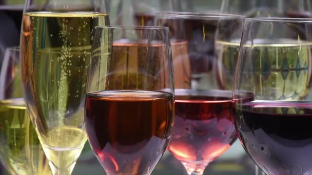 Šampaňské Bílé Růžové Červené Wins Nápoje Brýlích Vitráže Pozadí — Stock video