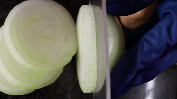 Fresh Onion Being Sliced Marble Top — Stock Video