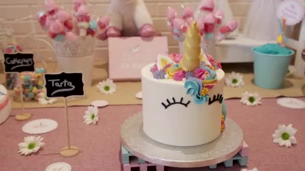 Rotating Shot Colourful Cake Unicorn Themed — Stock Video